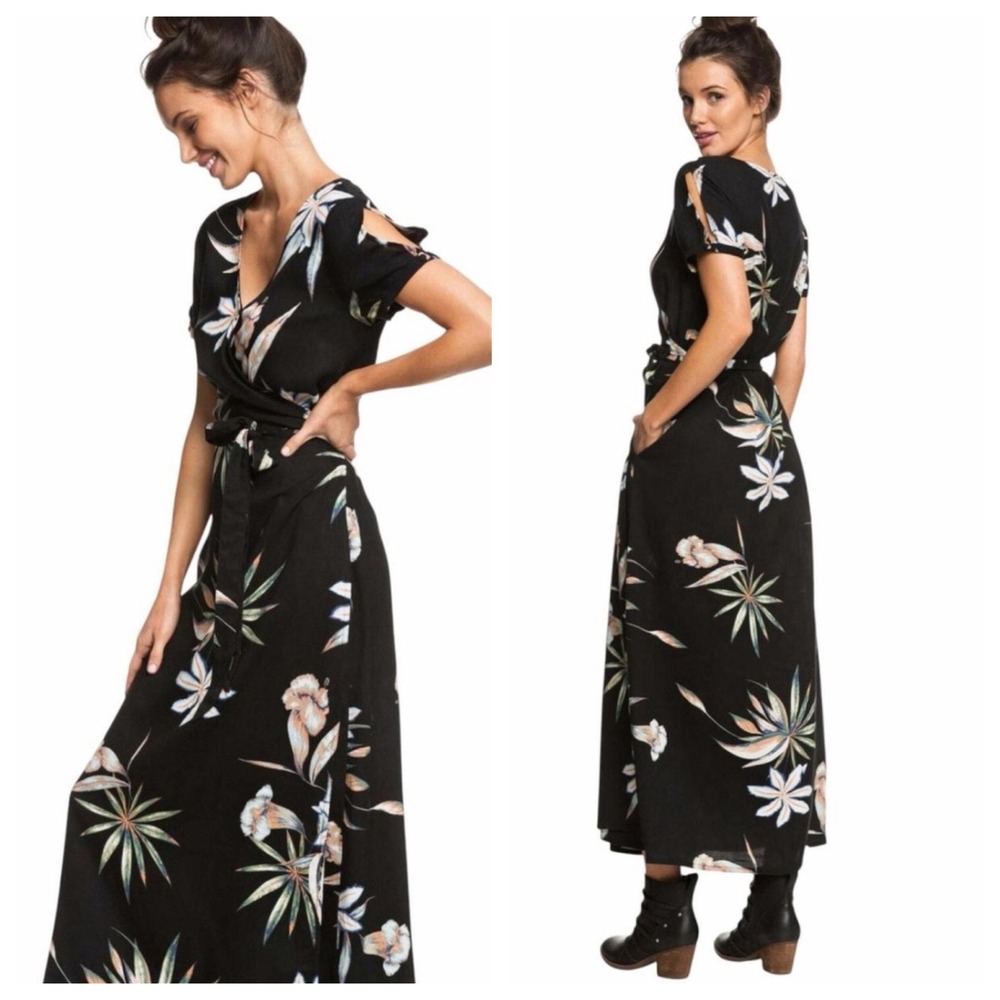 Roxy Lotus Heart Small Black Floral Tropical Wrap Maxi Dress Surplice Neck Black